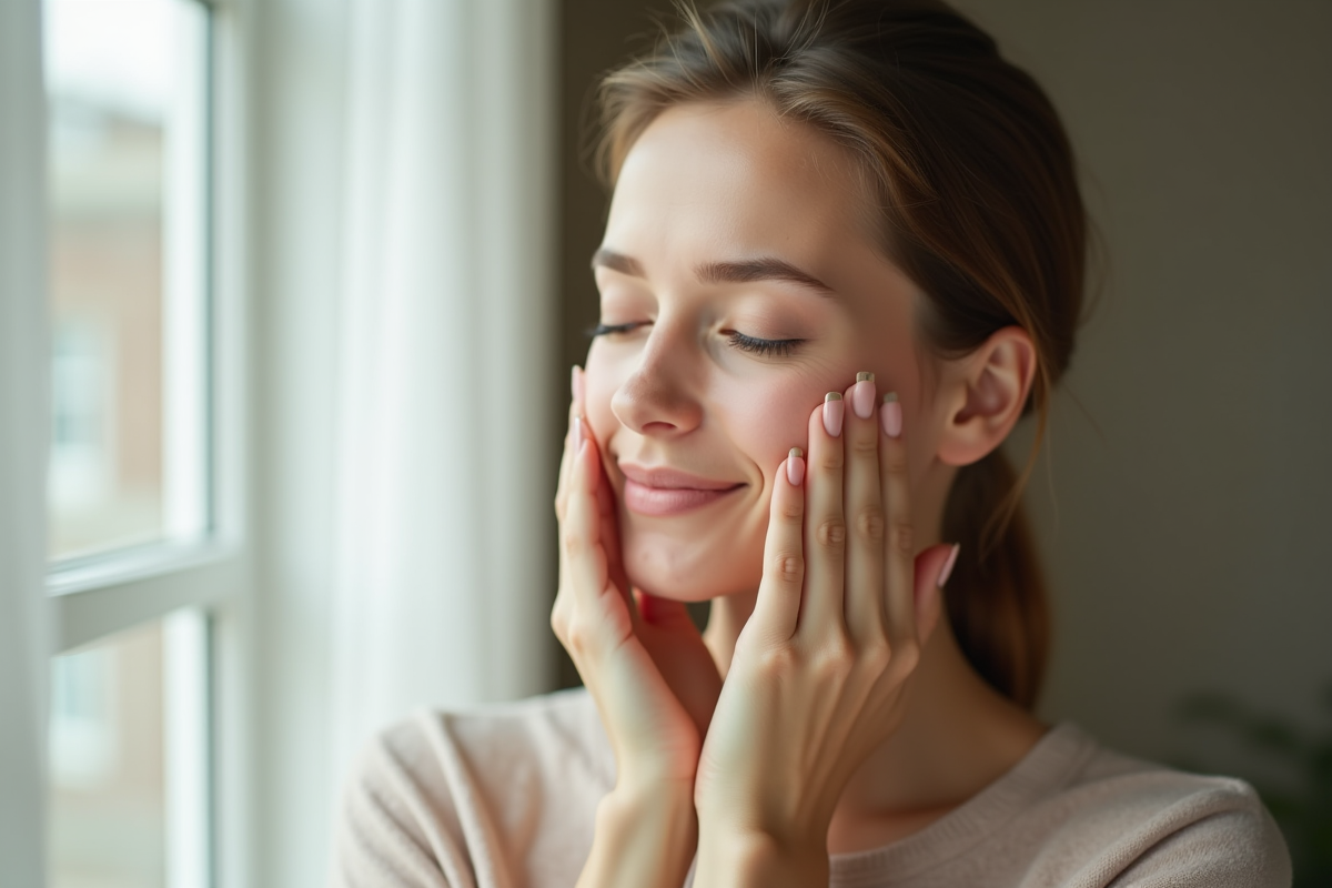 Femme se massant le visage devant une grande fenêtre en lumière naturelle