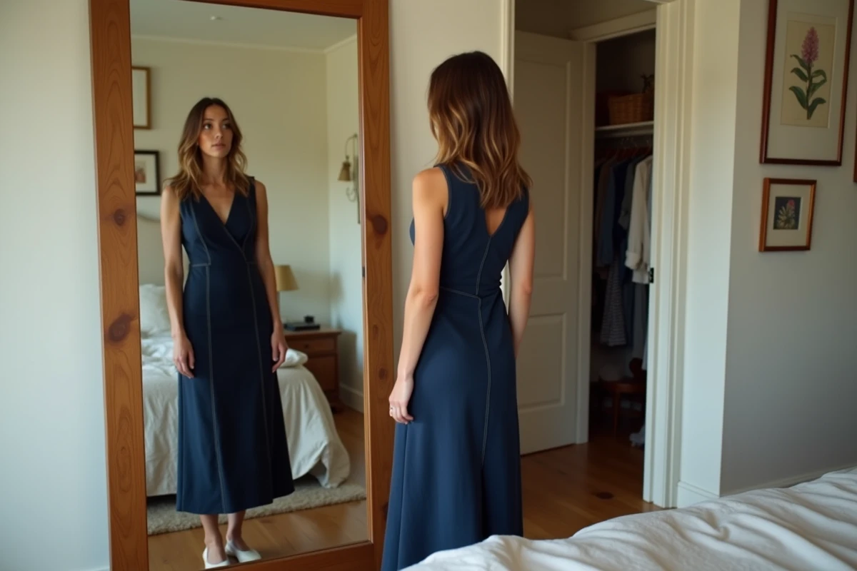 Femme contemplant son reflet dans un miroir en pied dans une chambre moderne, symbolisant l'évolution de la perception de la beauté féminine de 2016 à 2026