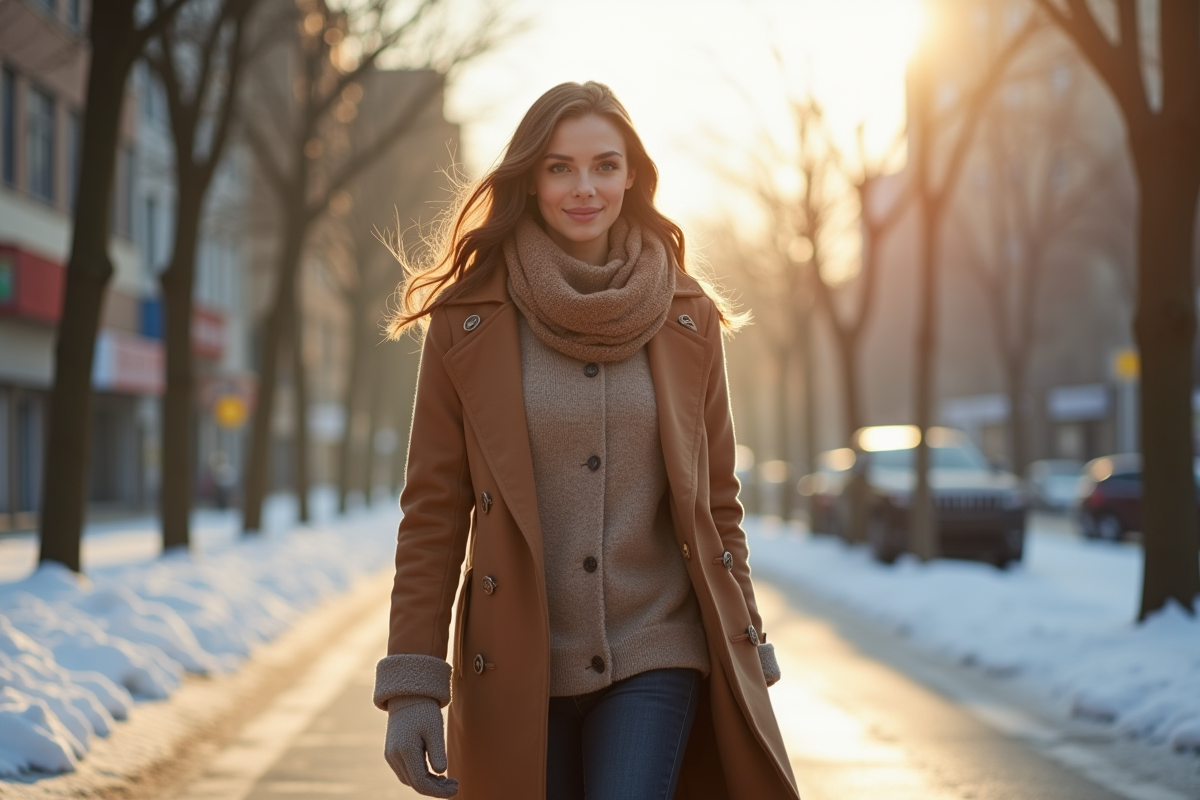 Jeune femme élégante marche dans la ville en hiver avec un manteau en laine