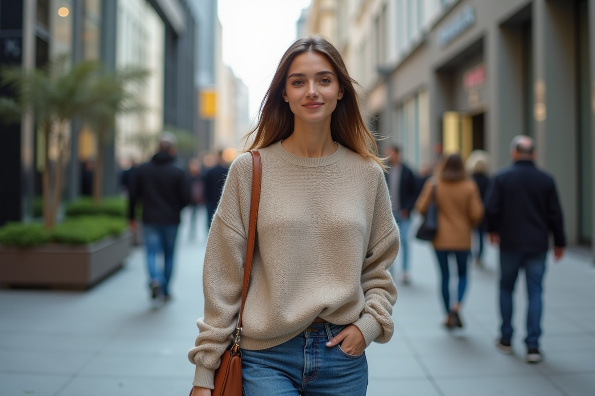 Femme confiante en ville avec pull oversize et jean large