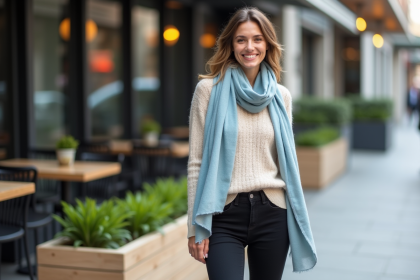 Femme élégante en pantalon noir et écharpe pastel devant un café