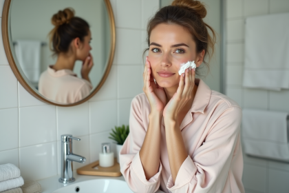 Femme en pyjama appliquant un nettoyant sur son visage dans une salle de bain moderne
