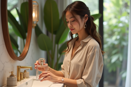 Femme élégante tenant un flacon de parfum dans un cadre moderne