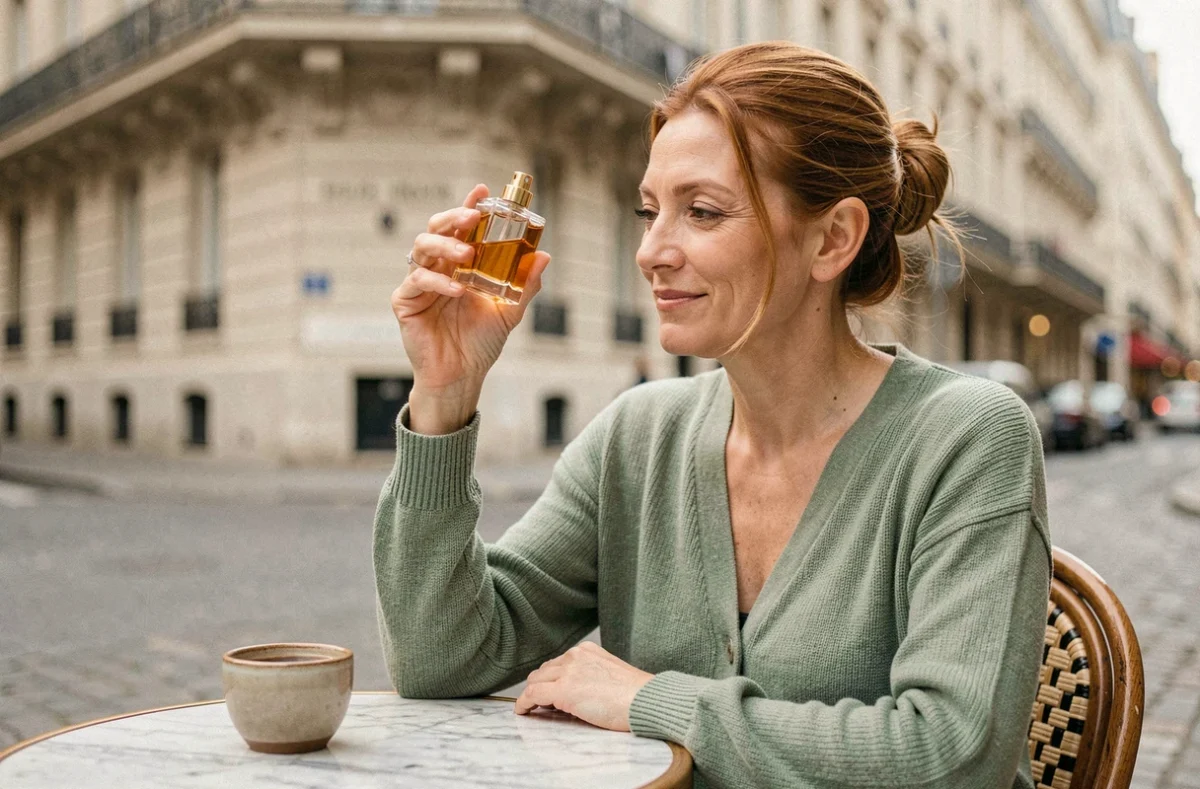 Femme examinant un flacon de parfum dupe en terrasse de café parisien