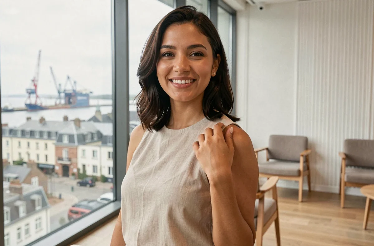 Femme souriante avec une peau lisse et épilée après plusieurs séances laser longue durée à la clinique ATHENA Le Havre