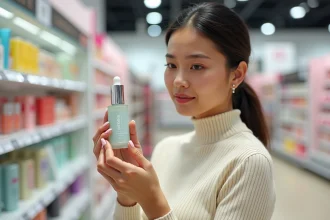 Femme examinant un sérum de soin dans le rayon d'un magasin Ulta Beauty, entourée de produits cosmétiques tendance en 2026
