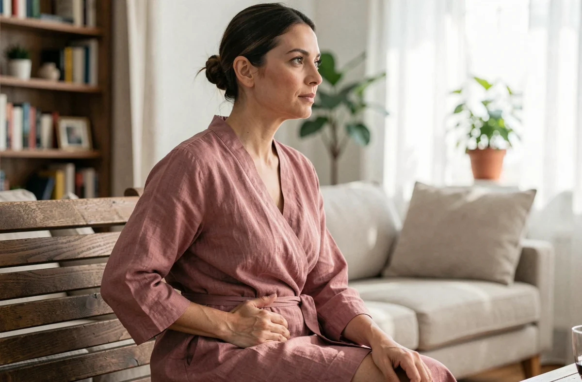 Femme pensive en robe de lin assise chez elle, illustrant une réflexion sur les idéaux corporels féminins et l'image de soi
