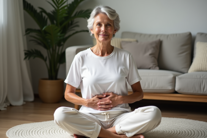 Femme détendue se massant le ventre dans un salon cosy