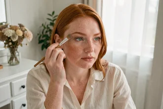Femme rousse aux yeux verts se maquillant les paupières avec une teinte taupe douce devant un miroir de coiffeuse