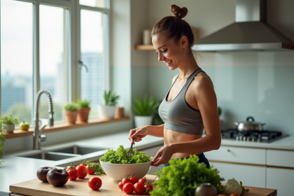 Femme en tenue de sport préparant une salade verte dans une cuisine lumineuse