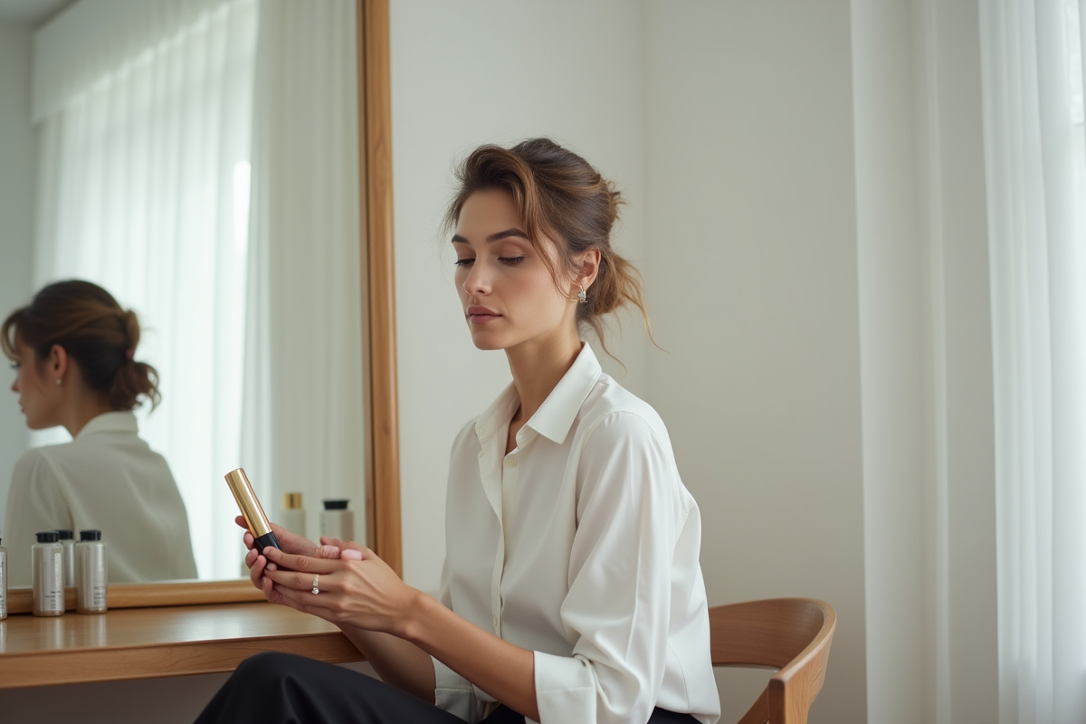 Femme sophistiquée examinant un rouge à lèvres doré