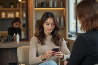 Femme dans un salon urbain en train de consulter son téléphone