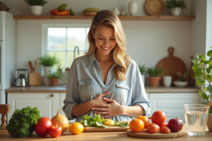 Femme souriante dans la cuisine avec fruits et légumes frais