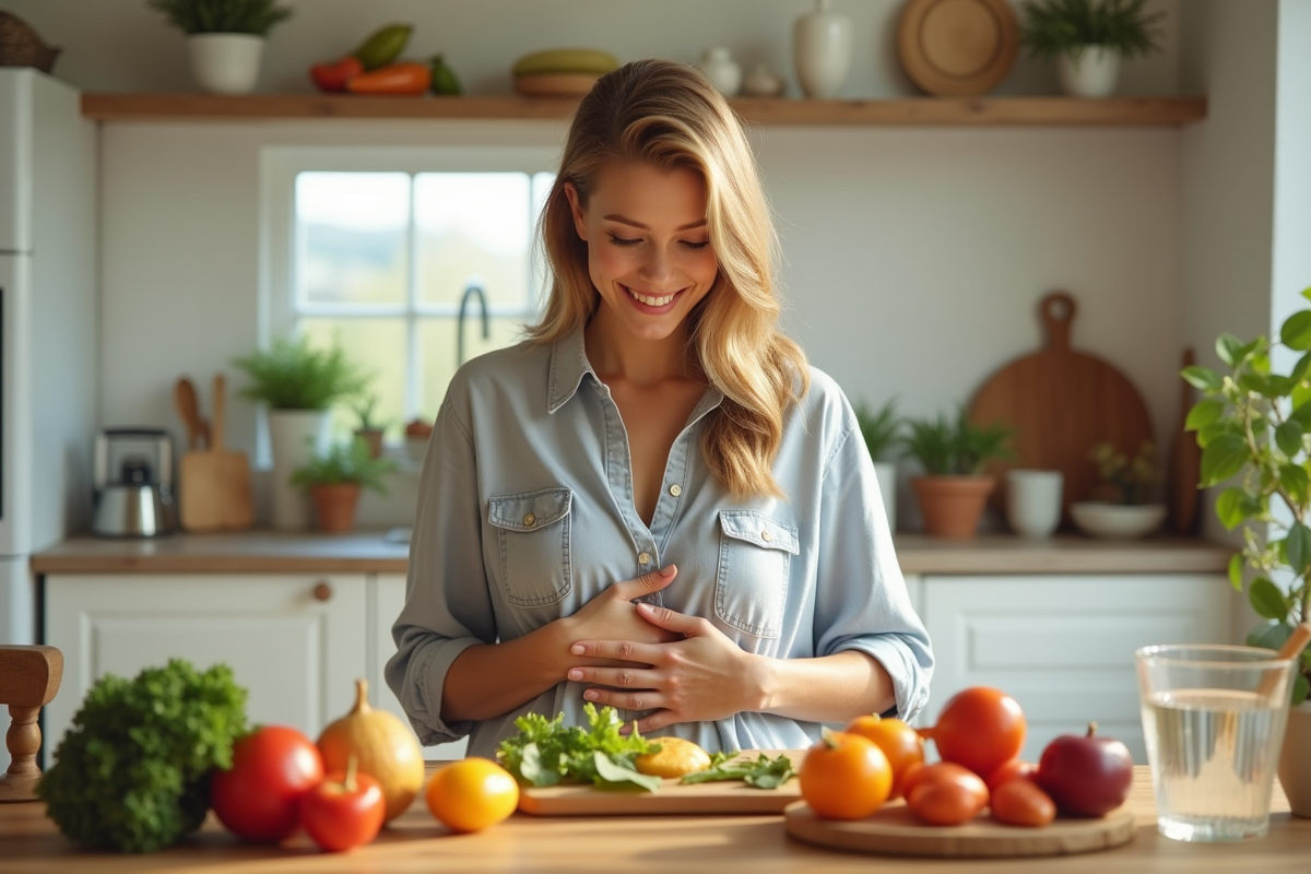 Femme souriante dans la cuisine avec fruits et légumes frais