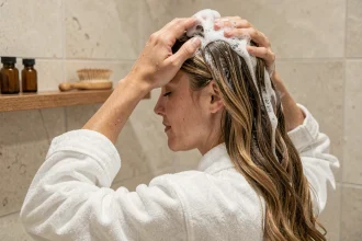 Femme aux cheveux naturels se lavant les cheveux avec un shampoing sans silicone dans une salle de bain épurée