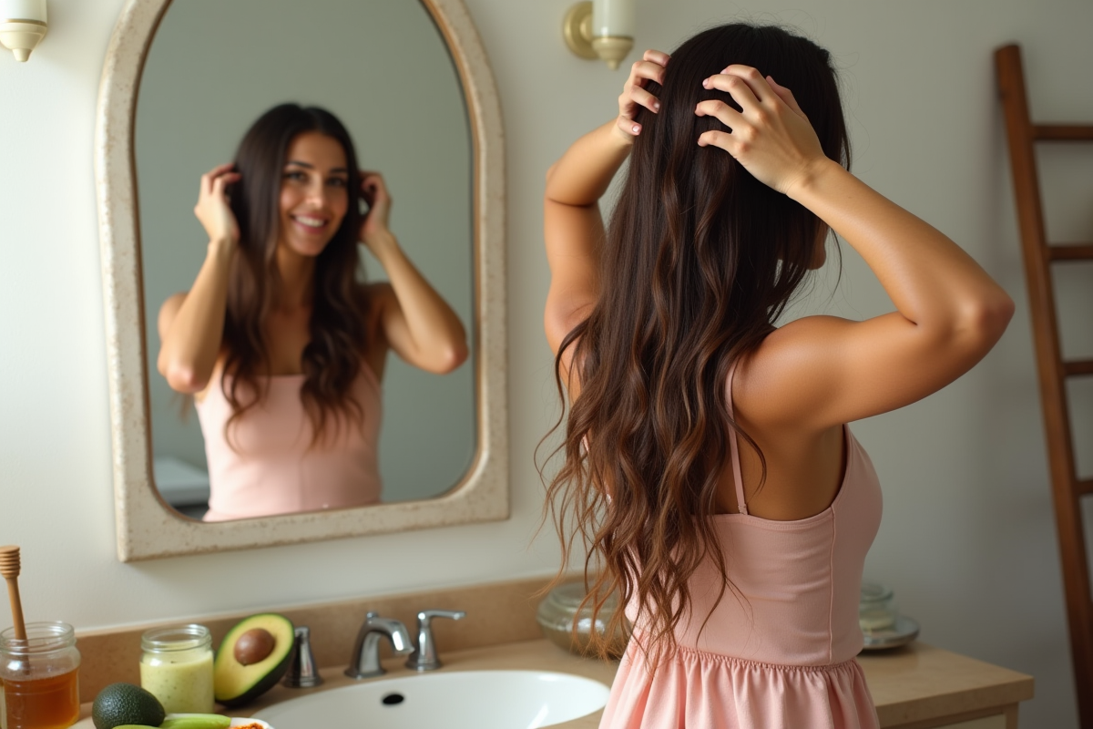 Femme appliquant un soin capillaire naturel devant miroir