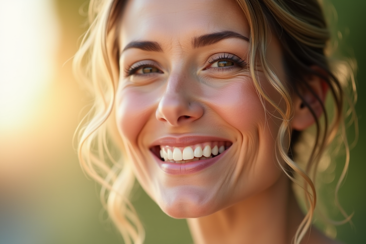 Femme souriante avec maquillage anti-âge naturel