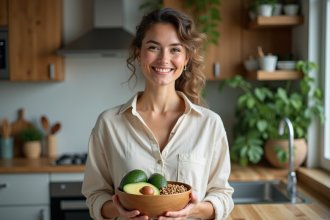 Femme souriante tenant un bol d'avocats et noix dans une cuisine lumineuse