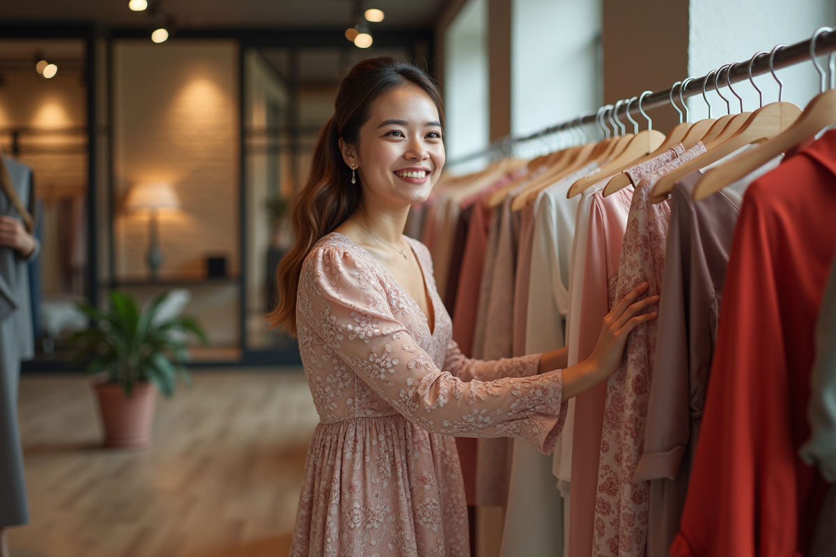 Femme souriante en robe élégante dans une boutique de mode