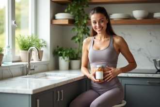 Femme souriante tenant un pot de capsules de mineral dans la cuisine