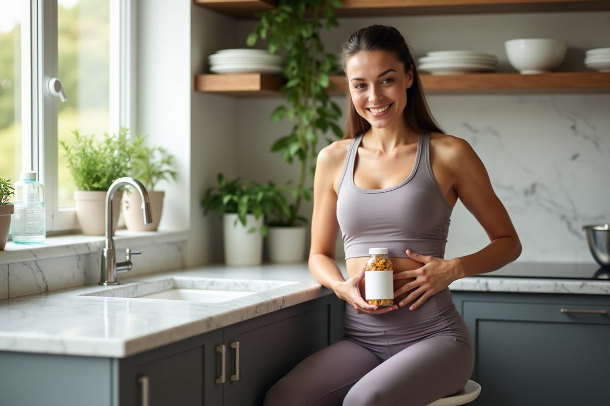 Femme souriante tenant un pot de capsules de mineral dans la cuisine