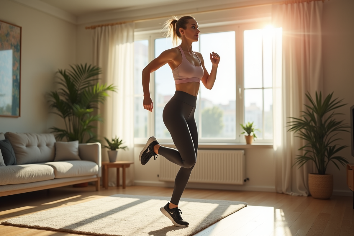 Femme sportive en mouvement dans un salon lumineux