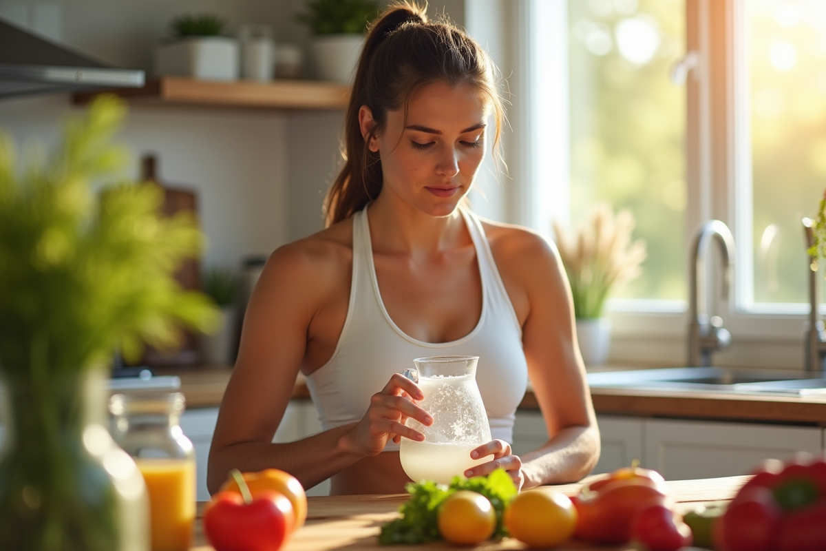 Femme sportive buvant de l'eau dans la cuisine lumineuse