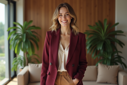 Femme &eacute;l&eacute;gante en blazer bordeaux dans un int&eacute;rieur moderne