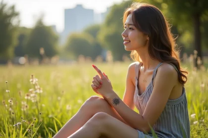 Jeune femme regardant son tatouage soleil dans un parc en &eacute;t&eacute;