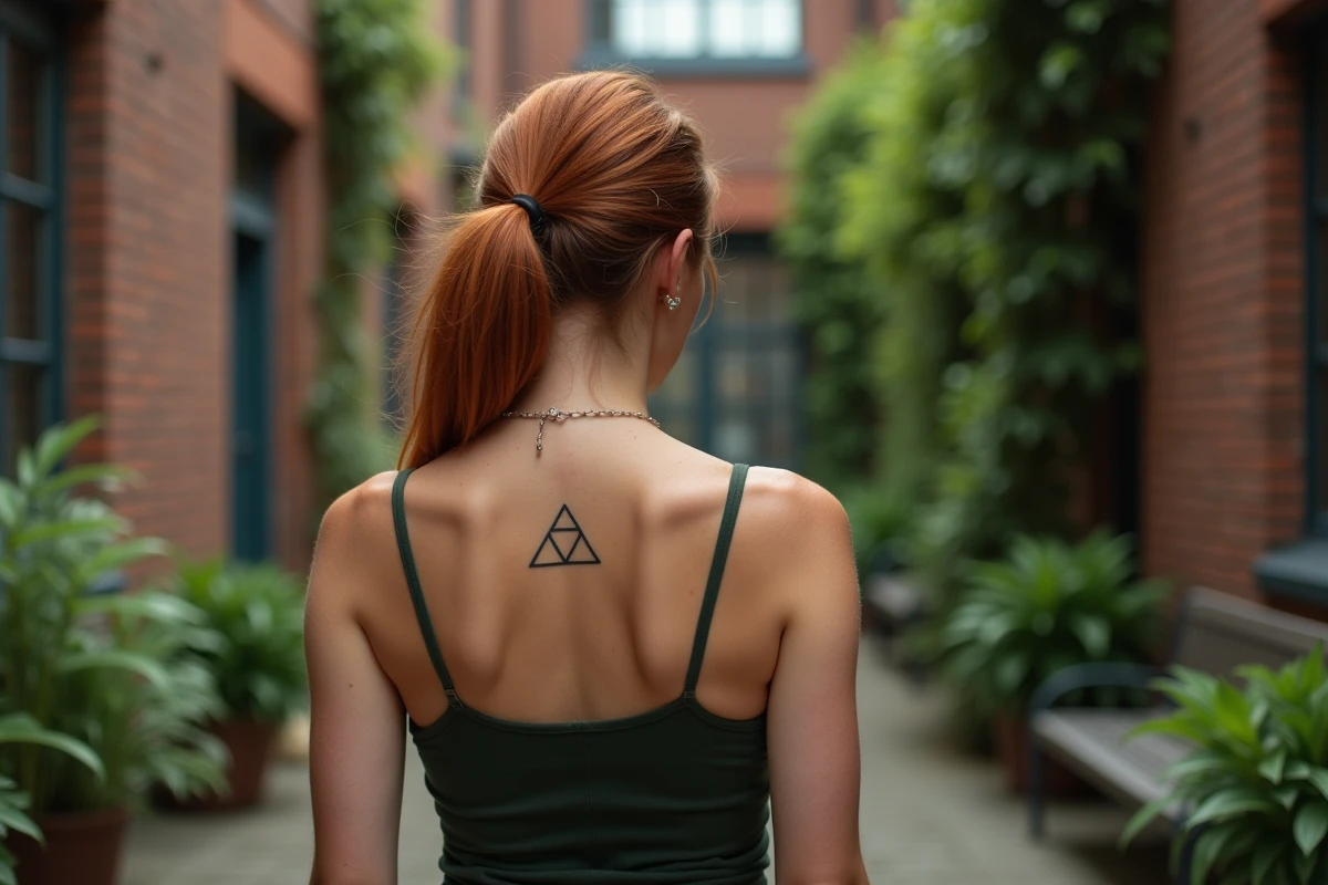 Femme de dos montrant un tatouage trois triangles sur l'omoplate dans une cour urbaine aux murs de briques
