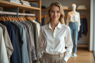 Femme confiante en boutique avec vêtements taille