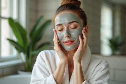 Femme appliquant un masque facial en salle de bain lumineuse