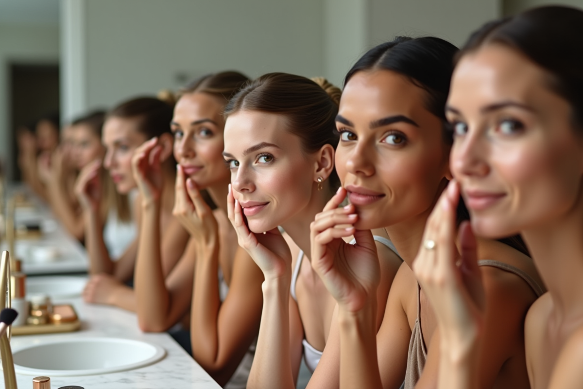 Groupe de femmes appliquant du fond de teint à la lumière naturelle