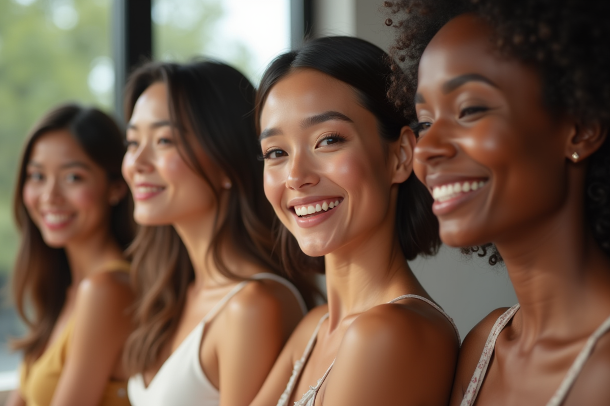 Groupe de femmes de différentes carnations appliquant du maquillage dans un studio lumineux
