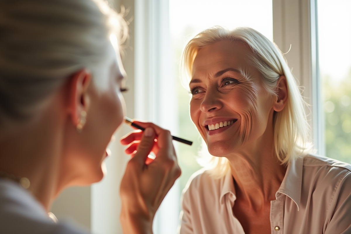 Deux femmes matures appliquant maquillage anti-âge ensemble