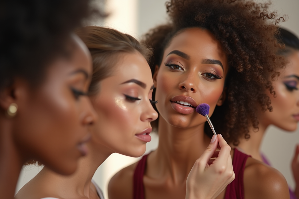 femmes appliquant maquillage de marques celebres en studio