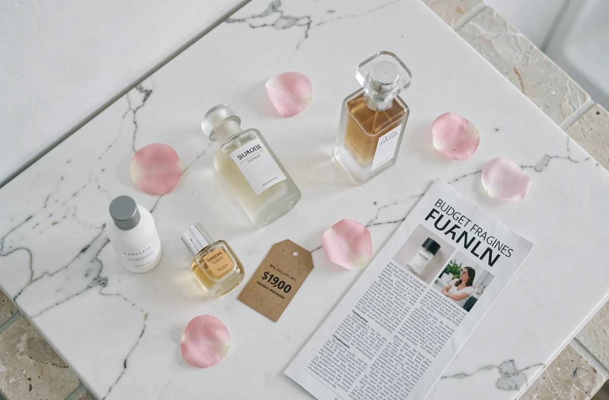 Flat lay de flacons de parfum dupe sur marbre blanc avec étiquettes et pétales de rose