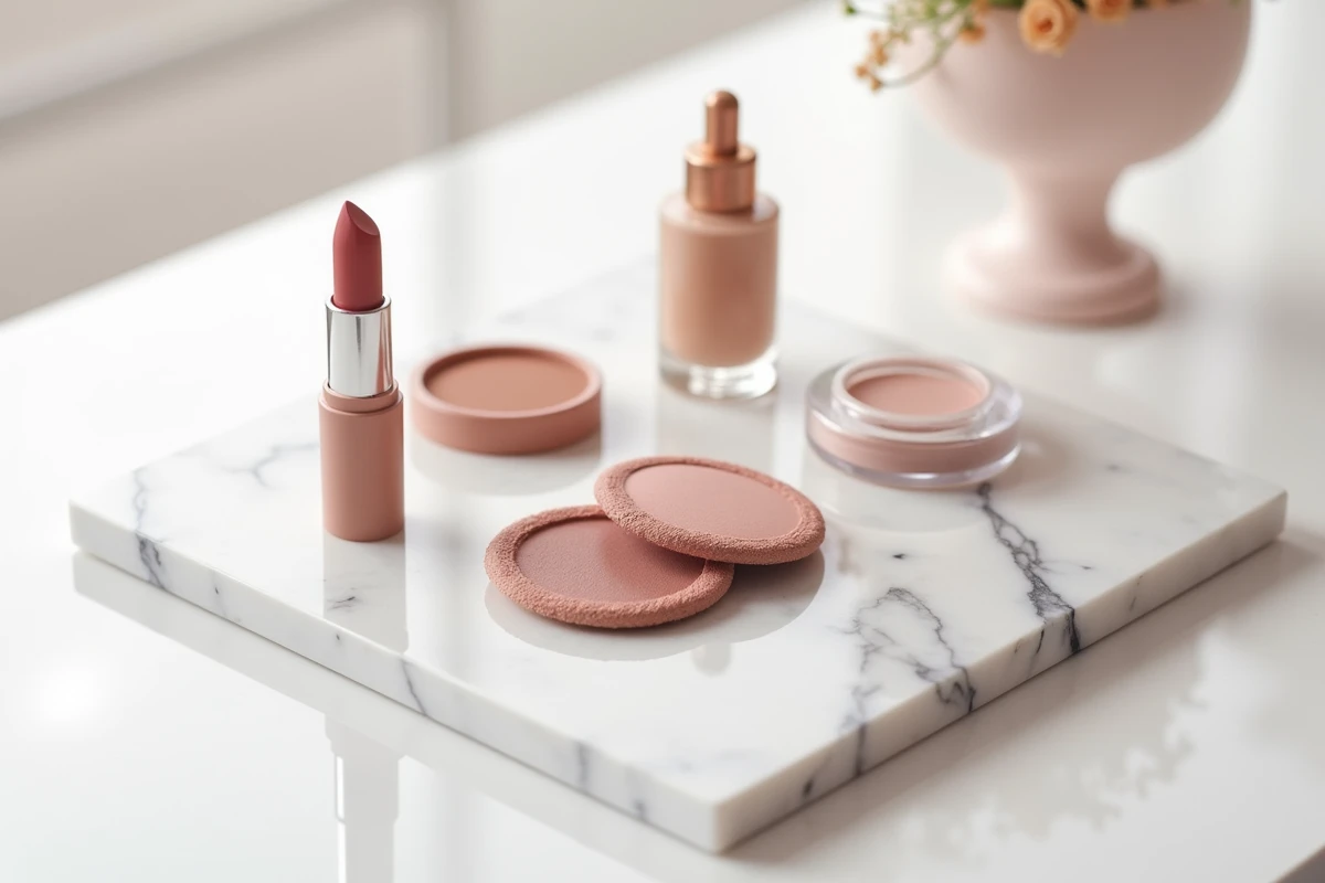 Flat-lay de produits maquillage tendance 2026 incluant blush stick, fond de teint et palette pigmentée sur marbre blanc dans un magasin Ulta