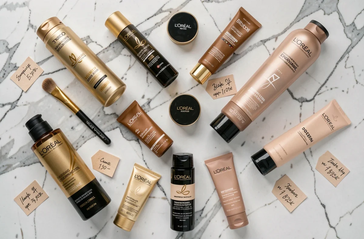 Flat-lay de produits L'Oréal soigneusement disposés sur marbre blanc avec étiquettes de prix pour une vente au personnel