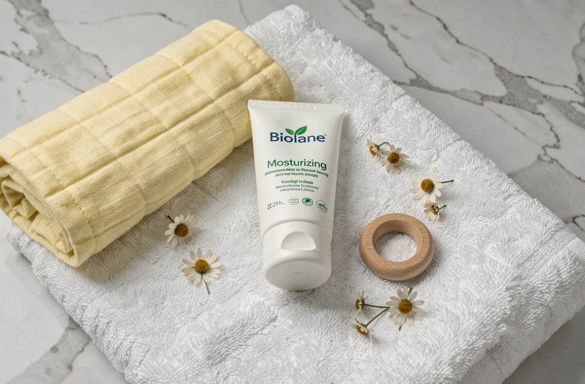 Flatlay de la crème hydratante Biolane sur une serviette blanche avec accessoires bébé naturels