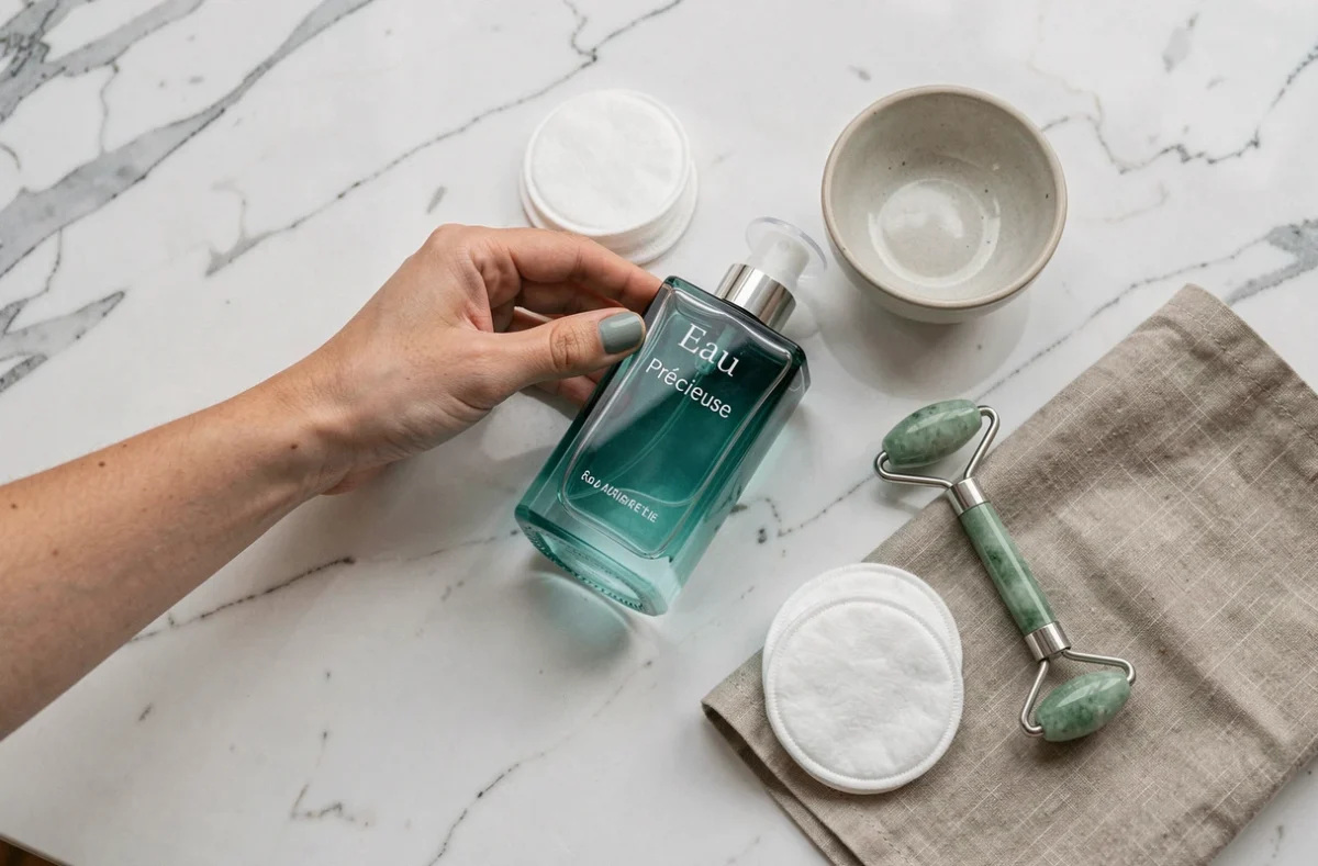 Flat-lay de produits de soin pour l'acné dont l'Eau Précieuse sur un comptoir en marbre blanc avec cotons et accessoires beauté
