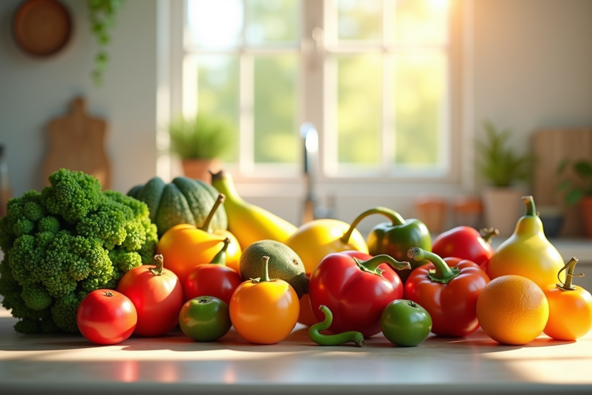 Fruits et légumes frais sur plan de travail lumineux
