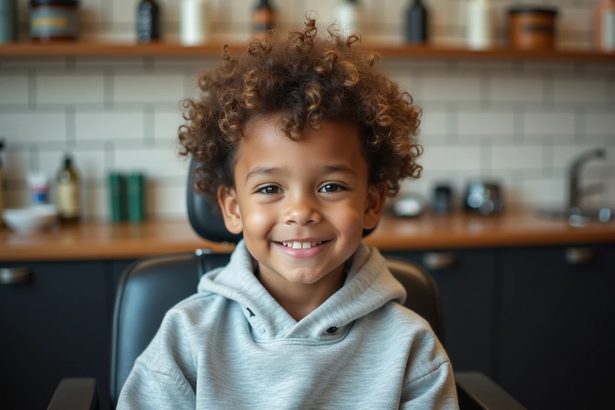 Jeune garçon aux cheveux bouclés assis dans un fauteuil de coiffeur dans un salon de barbier moderne après une coupe soignée