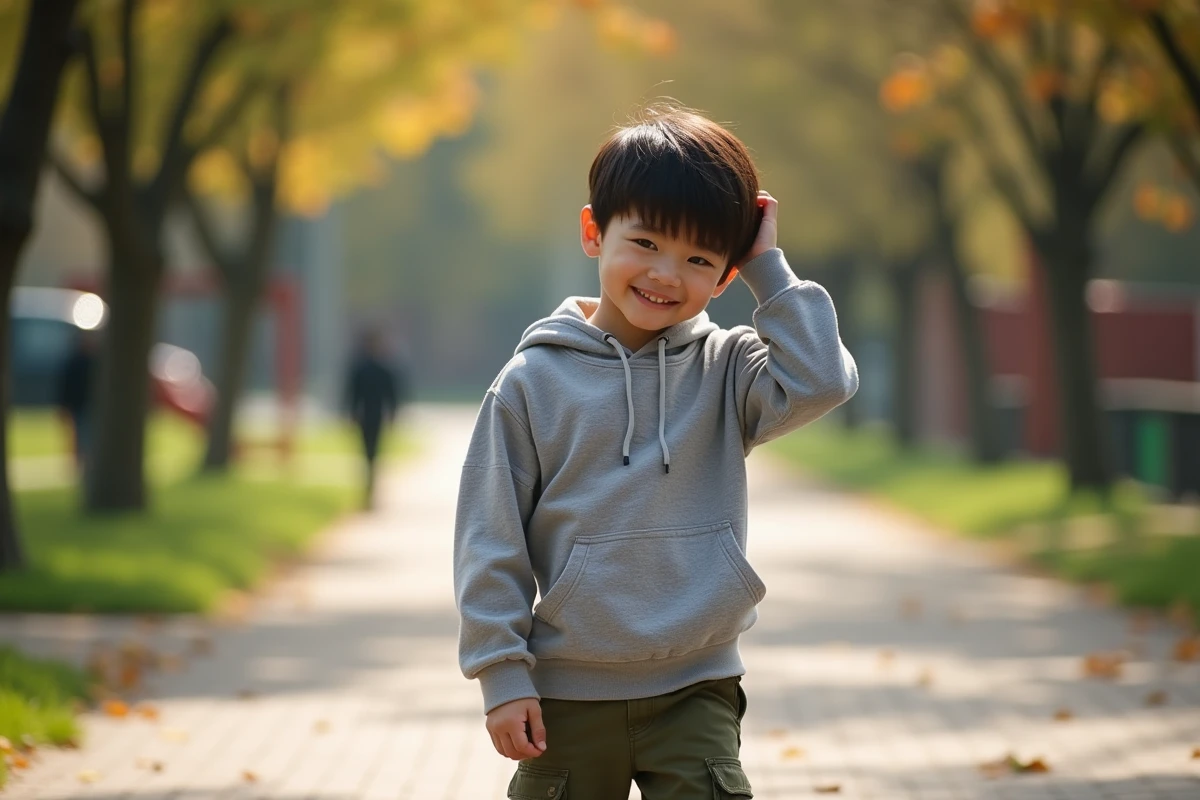Garçon de 10 ans avec coiffure tendance dans un parc urbain