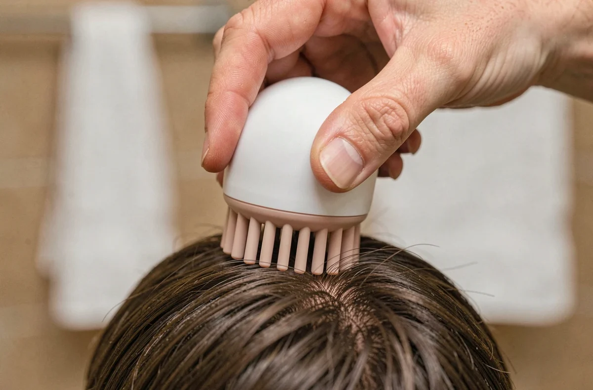 Gros plan d'une brosse massante pour homme avec des picots en silicone sur le cuir chevelu
