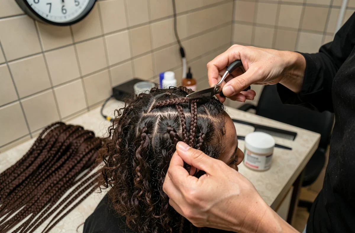 Gros plan sur les mains d'une coiffeuse tressant des extensions afro avec précision et rapidité