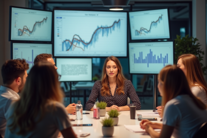 Groupe d'influenceurs jeunes dans un studio moderne avec écrans