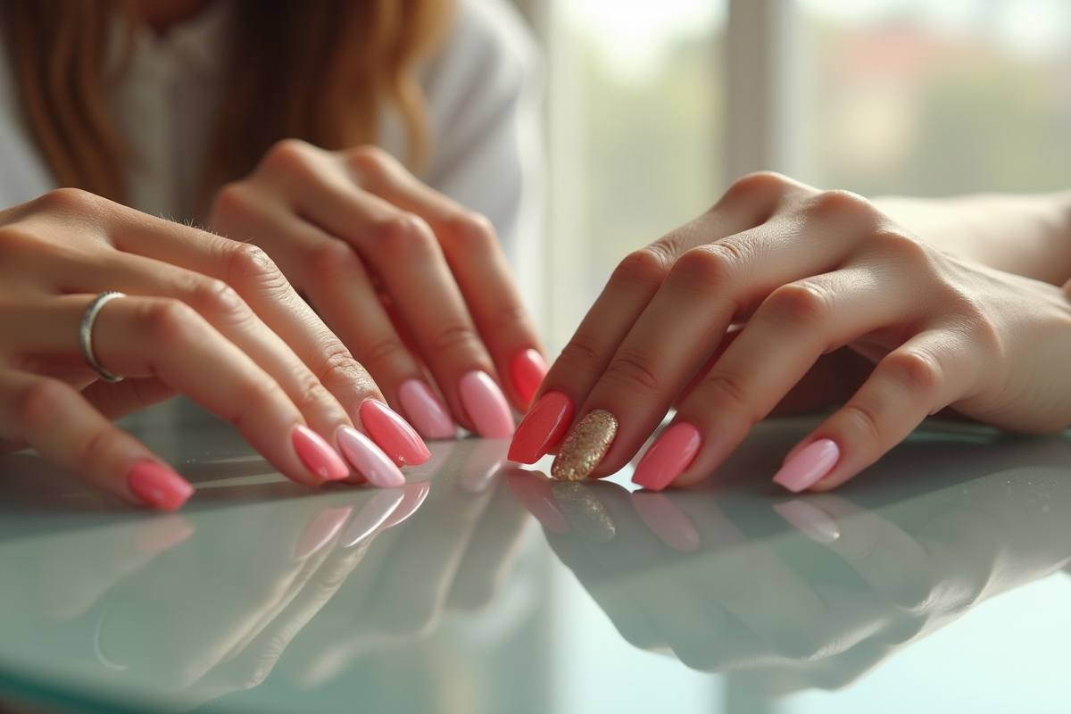 Groupe de mains avec ongles colorés et formes tendance 2025
