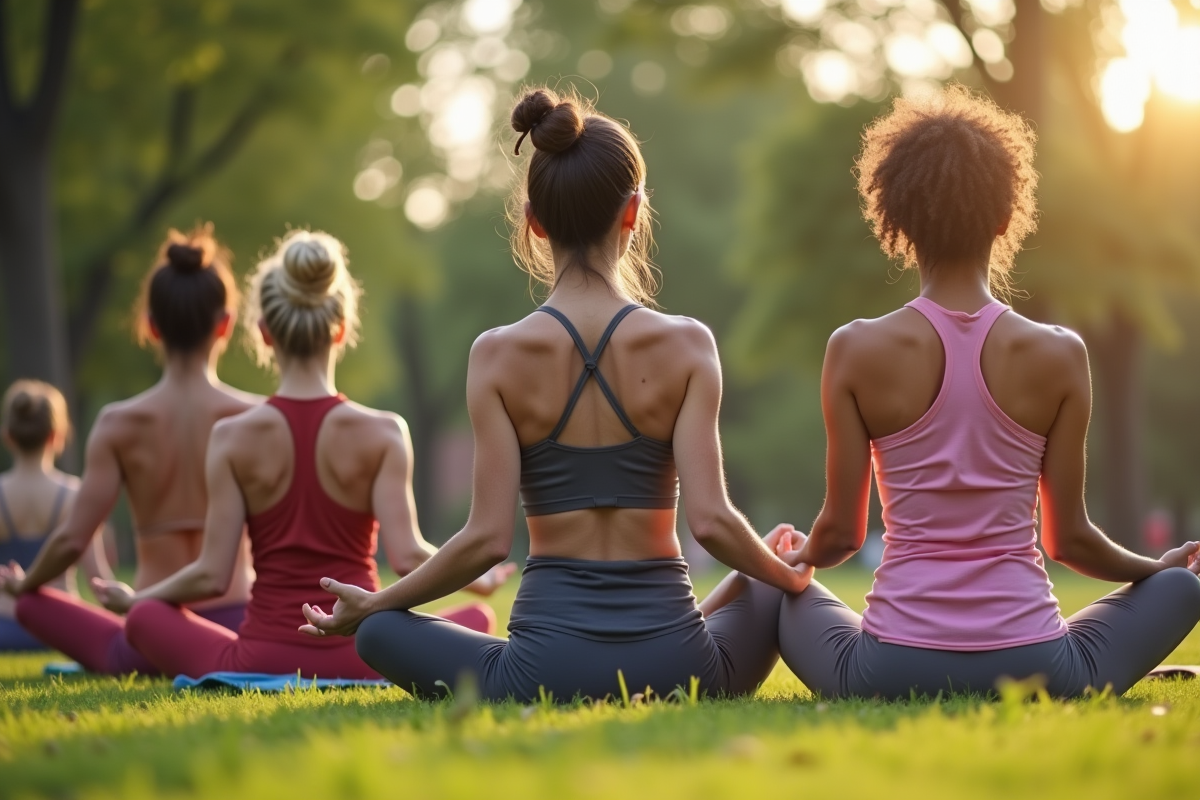 Groupe divers pratiquant le yoga en plein air