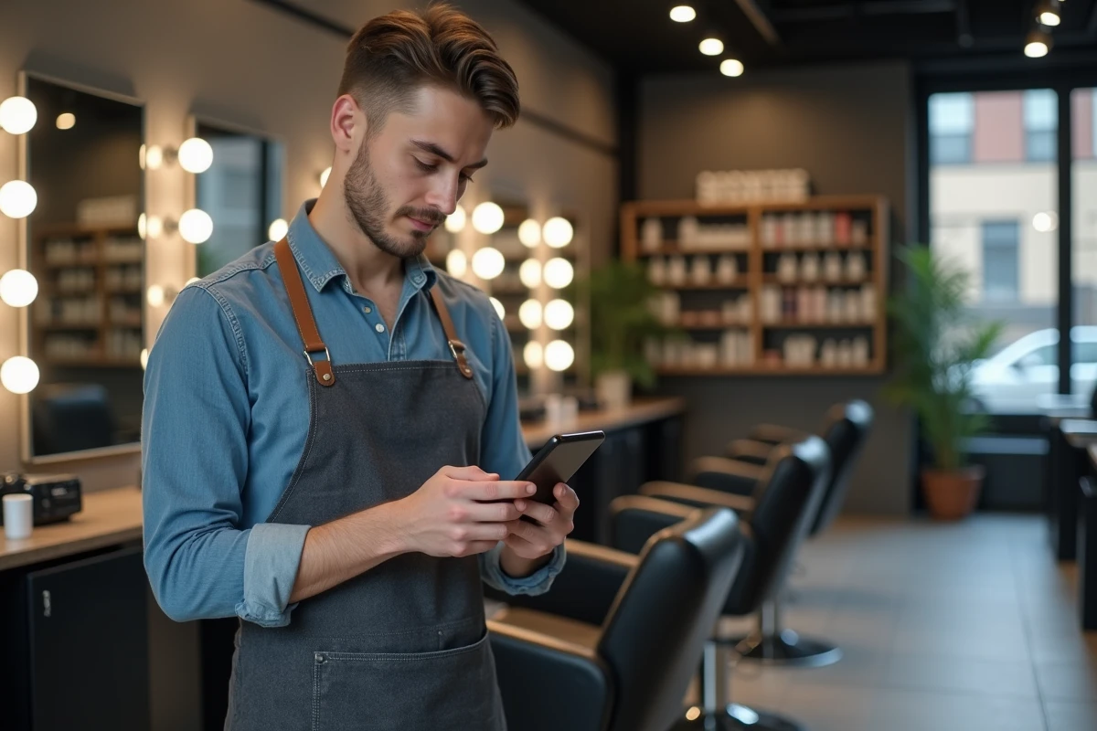 Coiffeur consultant sa caisse Hairnet sur mobile dans un salon de coiffure moderne